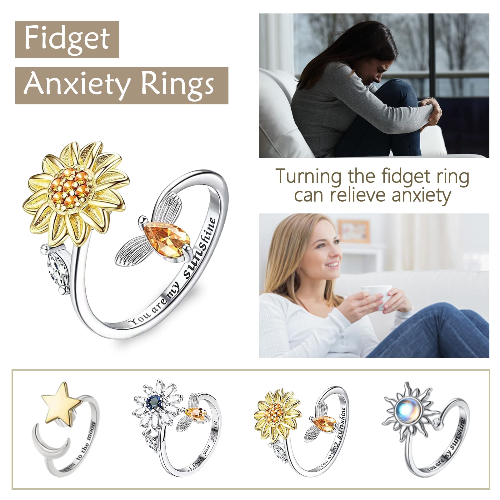 Fidget Ring dla kobiet i dziewcząt, otwarty, regulowany pierścień zwalczający stres, słonecznik, stokrotka, motyl, gwiazda, księżyc, pierścienie spinningowe