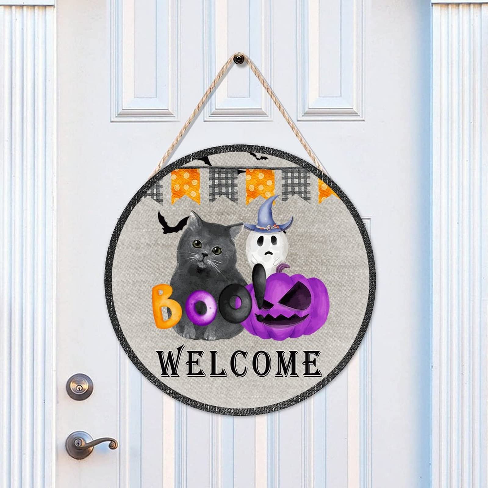 UTF4C Cat Front Door Round Wood Sign, Halloween Welcome Wood Door Sign, Witch Hat 10" x 10" Wall Hanging Sign Plaque Farmhouse Backyard Door Hanger Wall Decor Housewarming Gifts