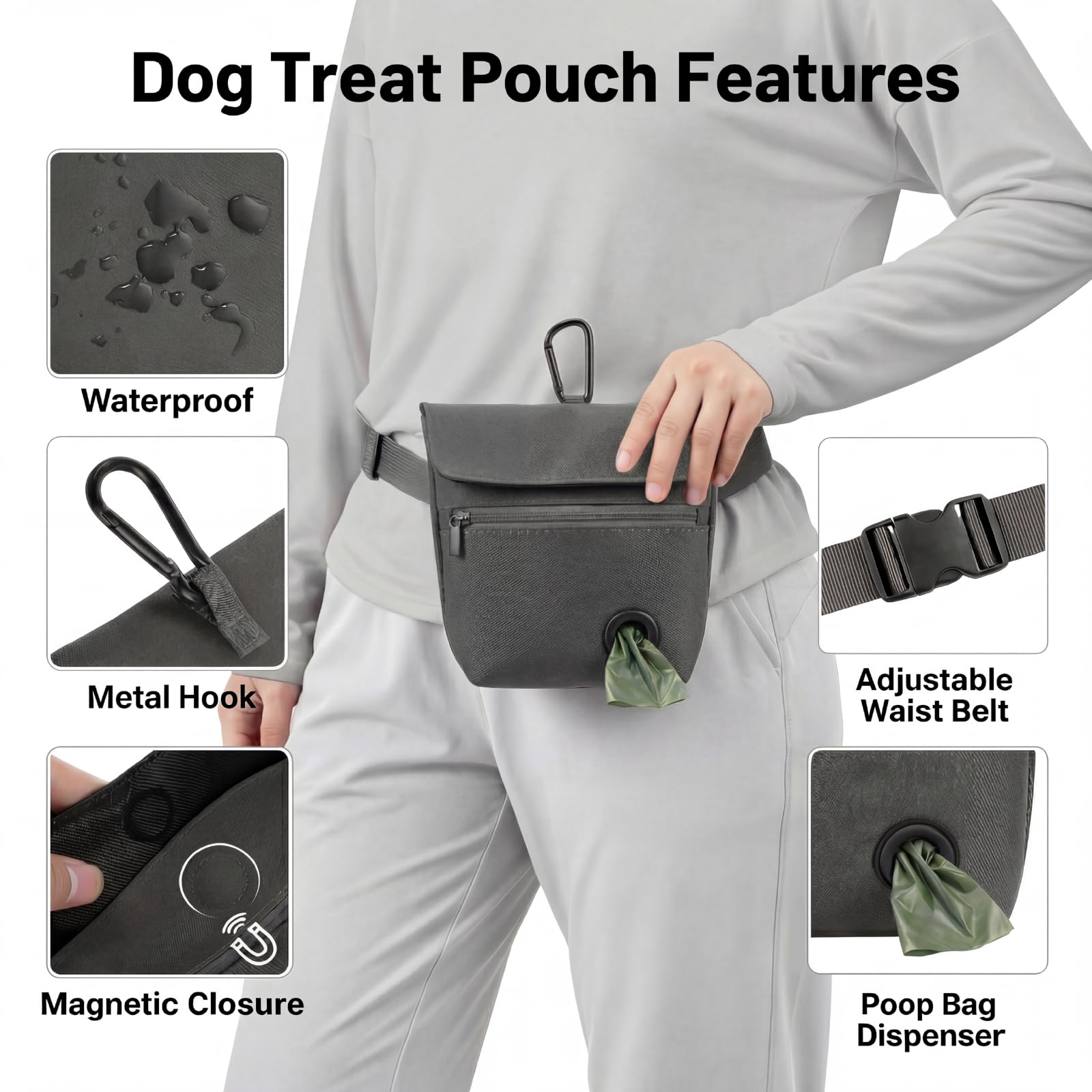 Shmidgoo Dog Treat Pouch and Dog Training Clicker, Treat Bag with Poop Bag Dispenser, Powerful Magenetic Clasp, Metal Clip Waist Belt Fanny Pack for Pet Walk Dog Training (Black) - image 2