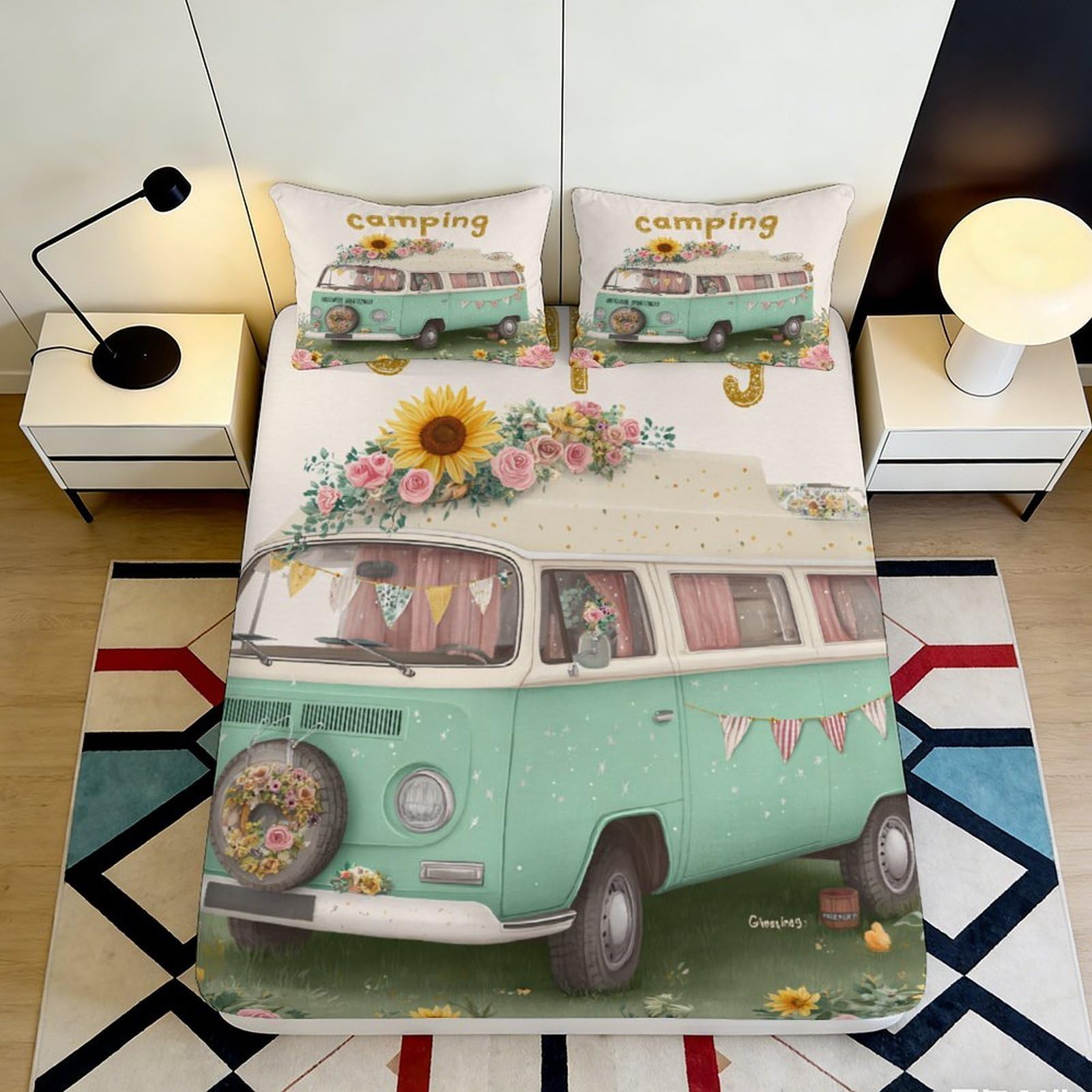 3D Printed Vintage Camper Fitted Sheet Microfiber Soft Sunflower Bed Cover for Bedroom Dorm Room Decor Protection 90x200x25cm