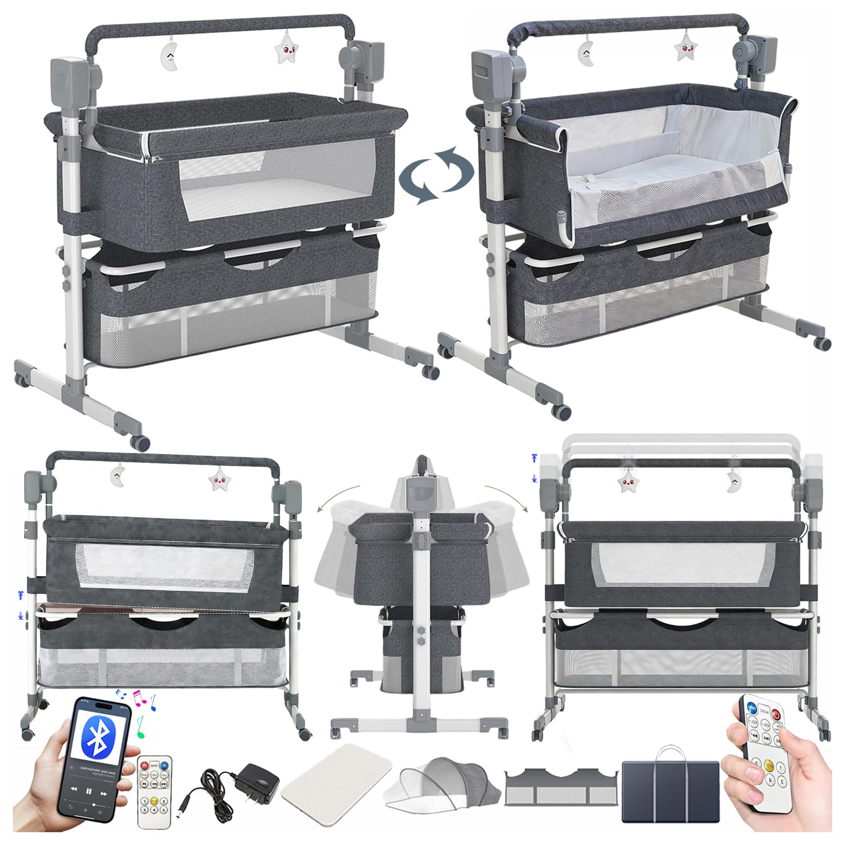 Suttonbebe Electric Bluetooth Smart Baby Bedside Crib, Bassinet for Co-Sleeping, Infant Bedside Sleeper Cot, Convertible Foldable Baby Crib with