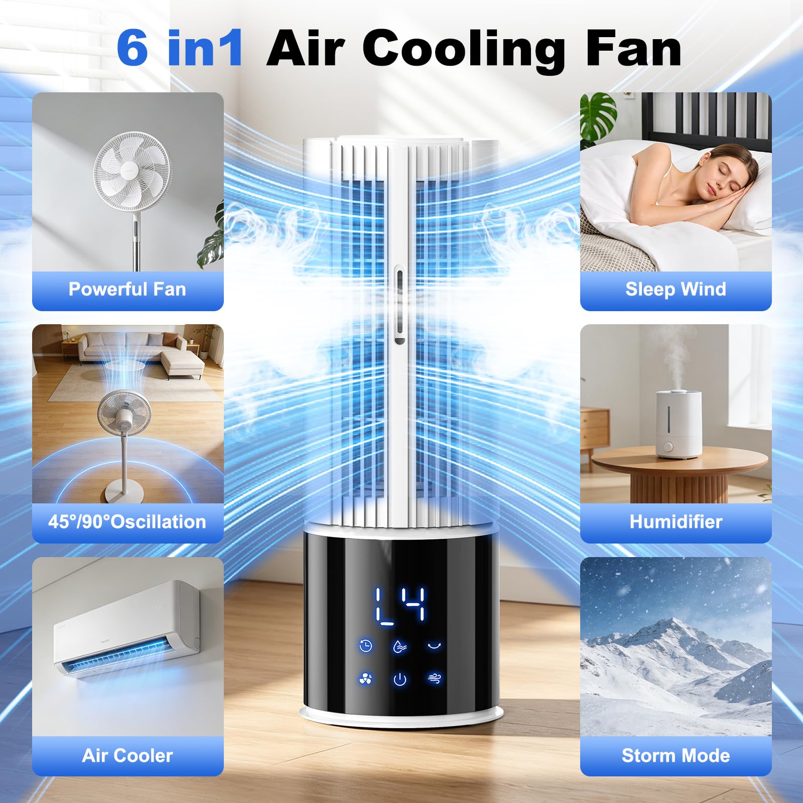Aire acondicionado portátil 6en1, ventilador 3 velocidades Modo Tormenta, Viento del sueño, Función de niebla y temporizador, Oscilación de 45°/90° perfecto para familia, oficina (Blanco roto)