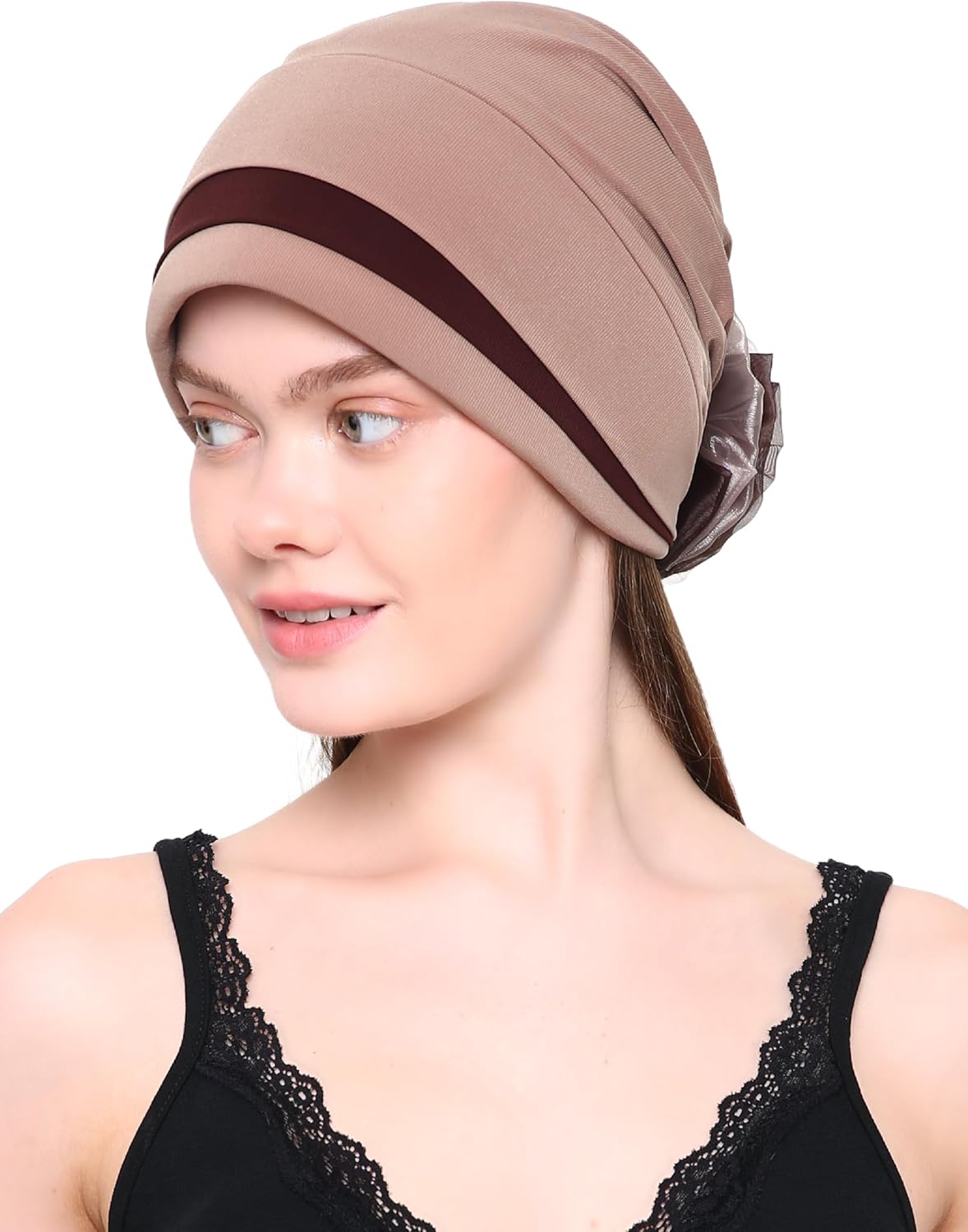 Women's Padded Front Stylish Headwear for Chemo, Hair Loss, Alopecia with Chic Organza Flower Detail - Image 2