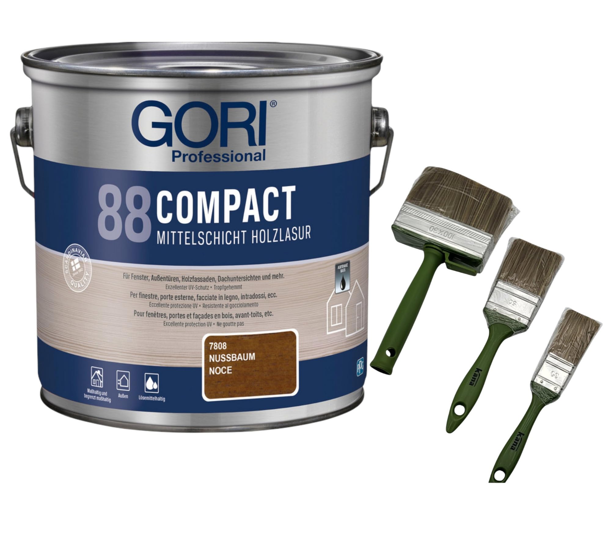 zbs24 Gori 88 Compactlasur nussbaum 5 Liter Holzschutzlasur, tropfgehemmte Mittelschichtlasur, inkl. 3-teiliges Pinselset zur einfachen Verarbeitung der Lasur