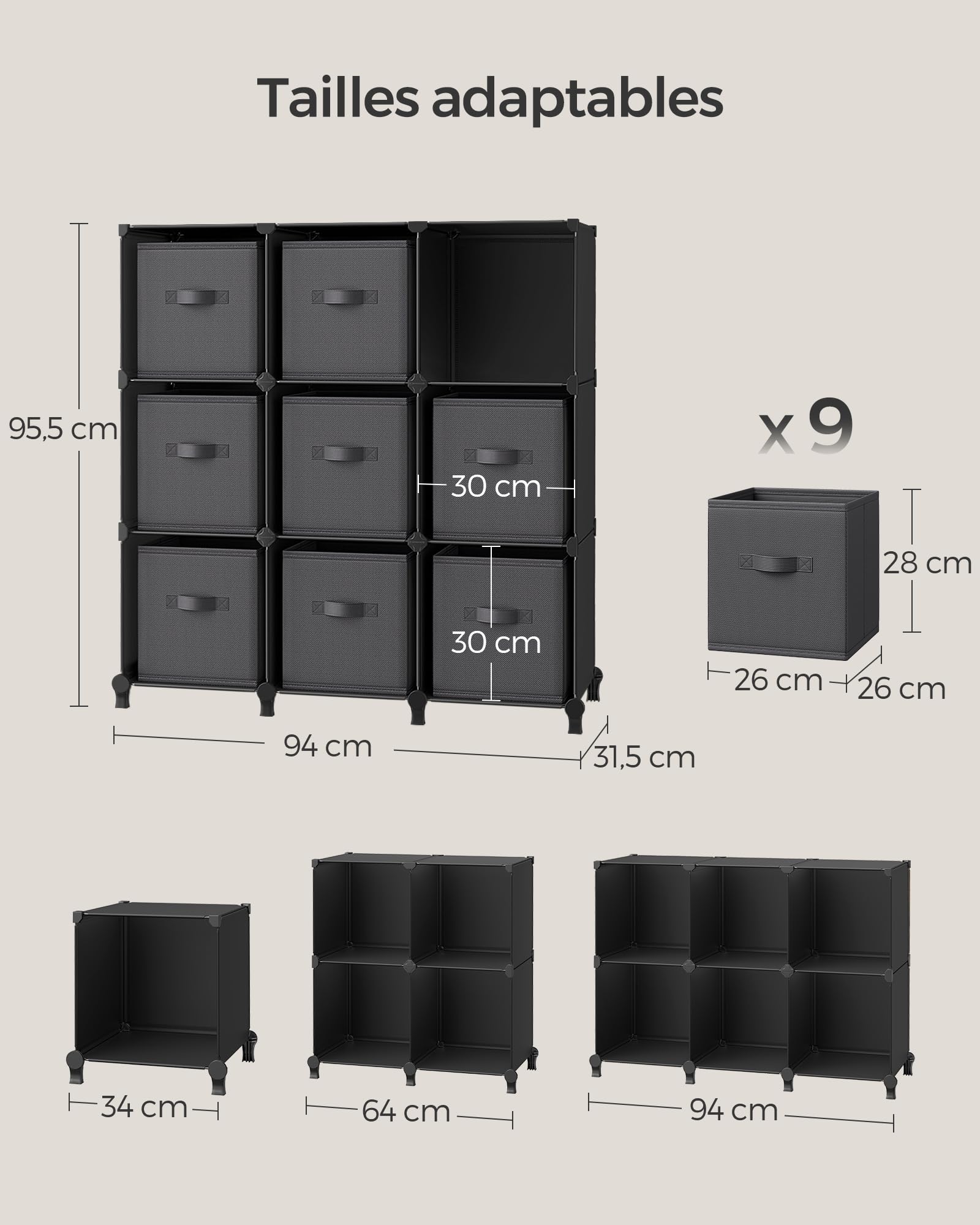 SONGMICS Meuble de Rangement avec Boîtes, Meuble à 9 Cases pour Vêtements, Étagères en Tissu Non-tissés, Personnalisable, Extensible, Gain de Place, Chambre, Noir d'Encre et Gris Tourterelle LPC092B01