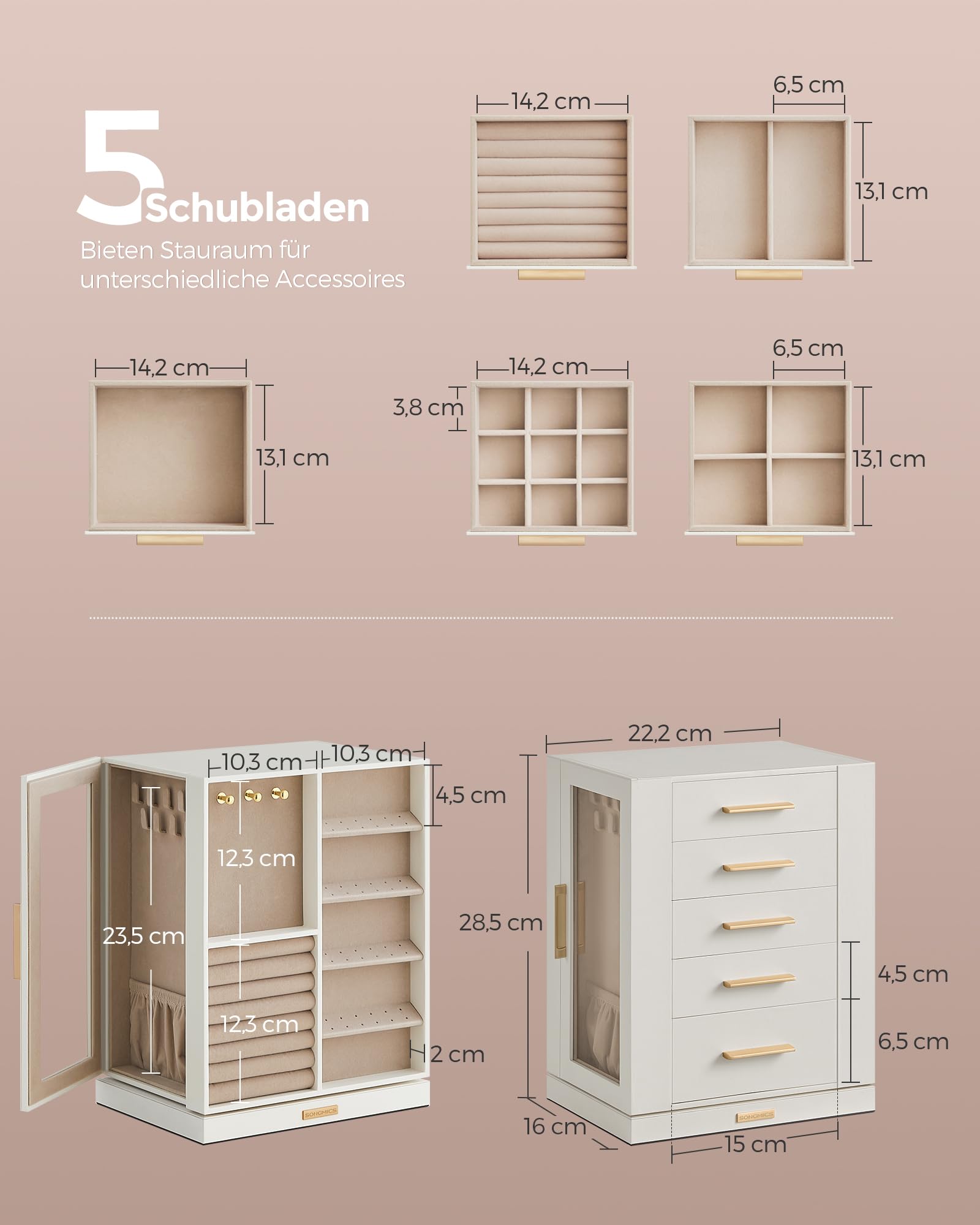 SONGMICS GISELLA Kollektion - Schmuckkästchen 360° drehbar, Schmuckkasten 5 Schubladen, seitliche Glasfenster, geräumig, vertikale Schmuckaufbewahrung, offen, Geschenkidee, wolkenweiß JBC170W01