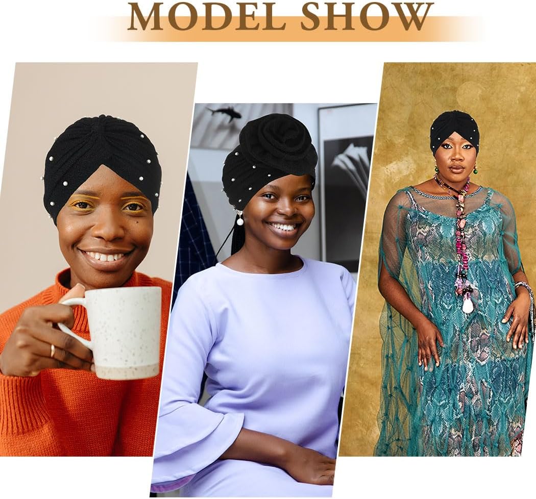 Bohend Big Flower Glitter Pleated Headwrap Cap Pearl Pre Tied Turbans Beanie Knotted Bonnet Stretch Headscarf Hat Women - Image 4