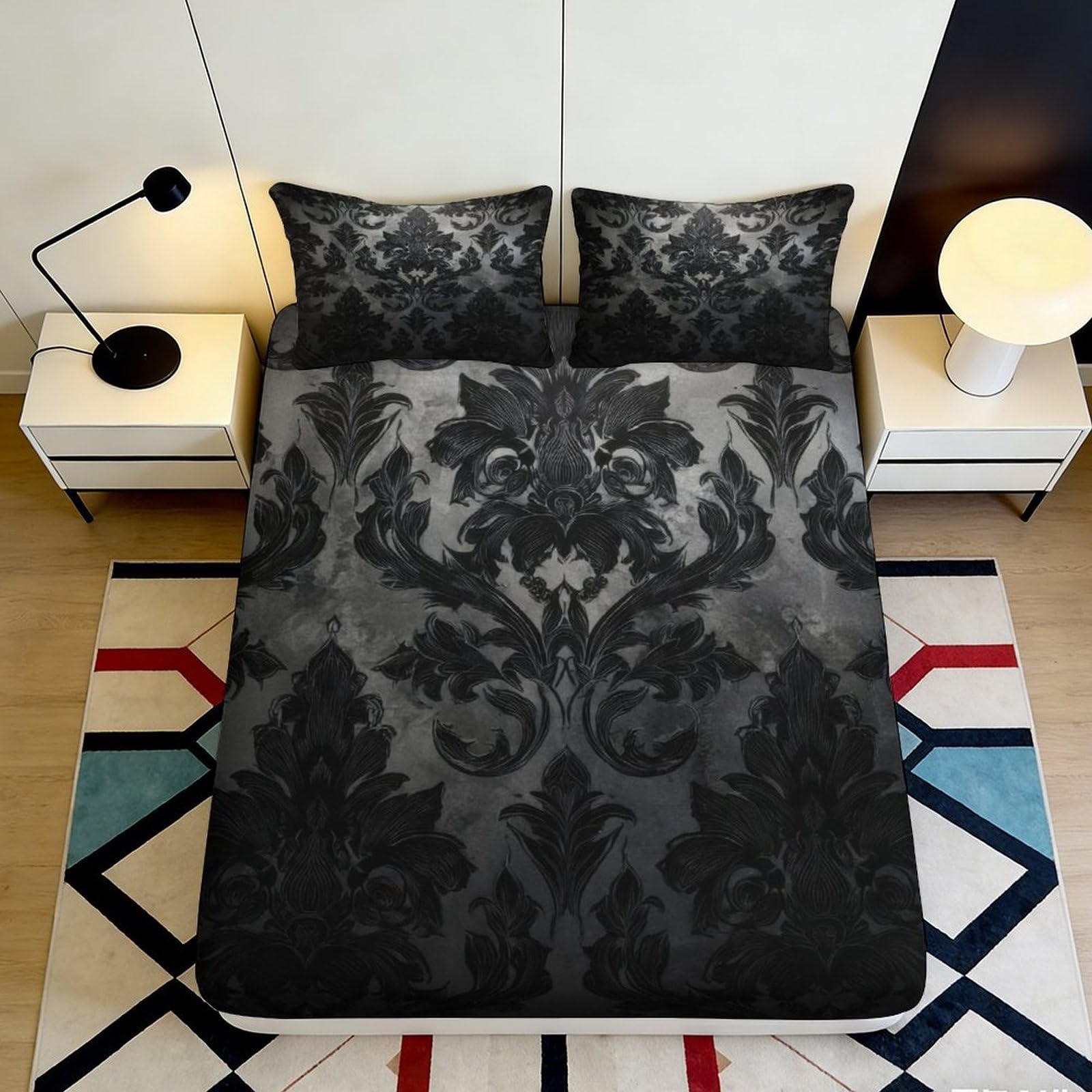 3D Printed Baroque Damask Fitted Sheet Microfiber Soft Black Decorative Gothic Mattress Cover for Bedroom Guest Room 90x200x25cm