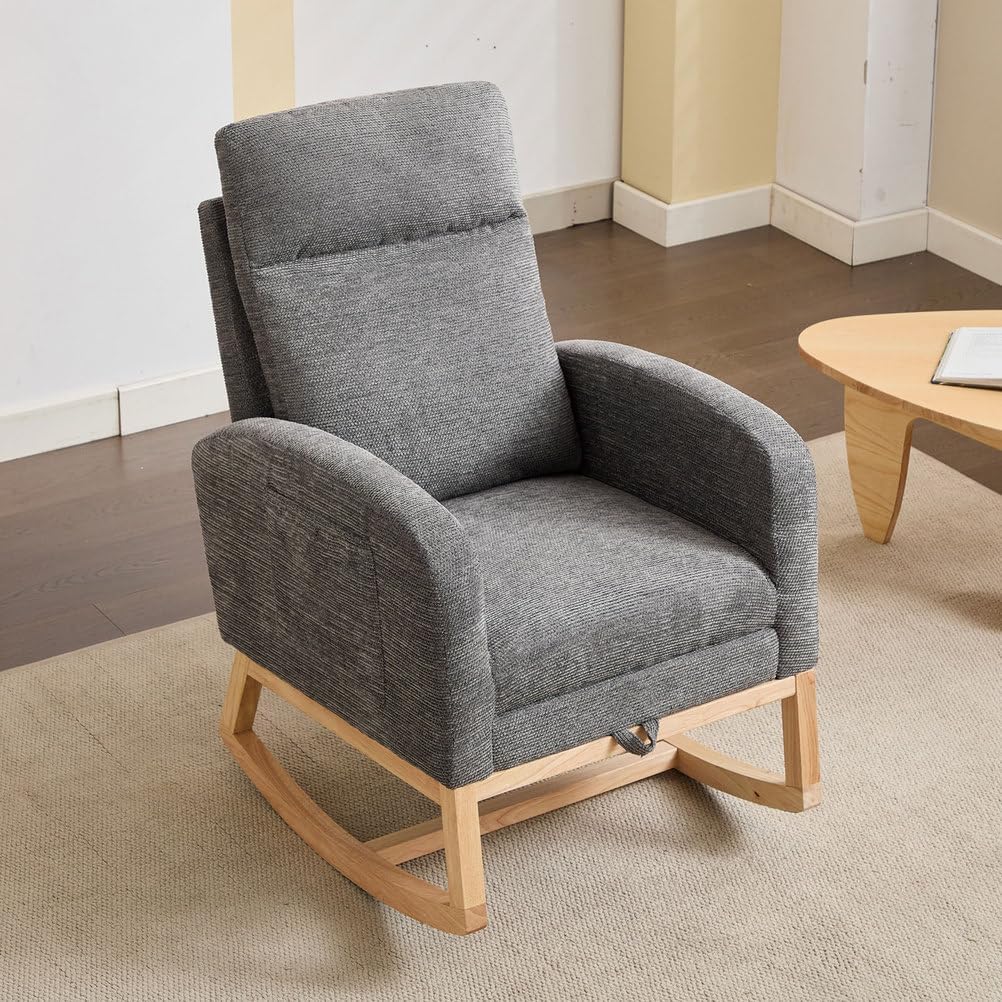 Nursery Rocking Chair with Extra Stable Wooden Base, High Backrest Glider Rocker with Side Pocket & Floor-Protecting Pads, Comfy Teddy Upholstered Armchair for Nursing, Reading, Bedroom