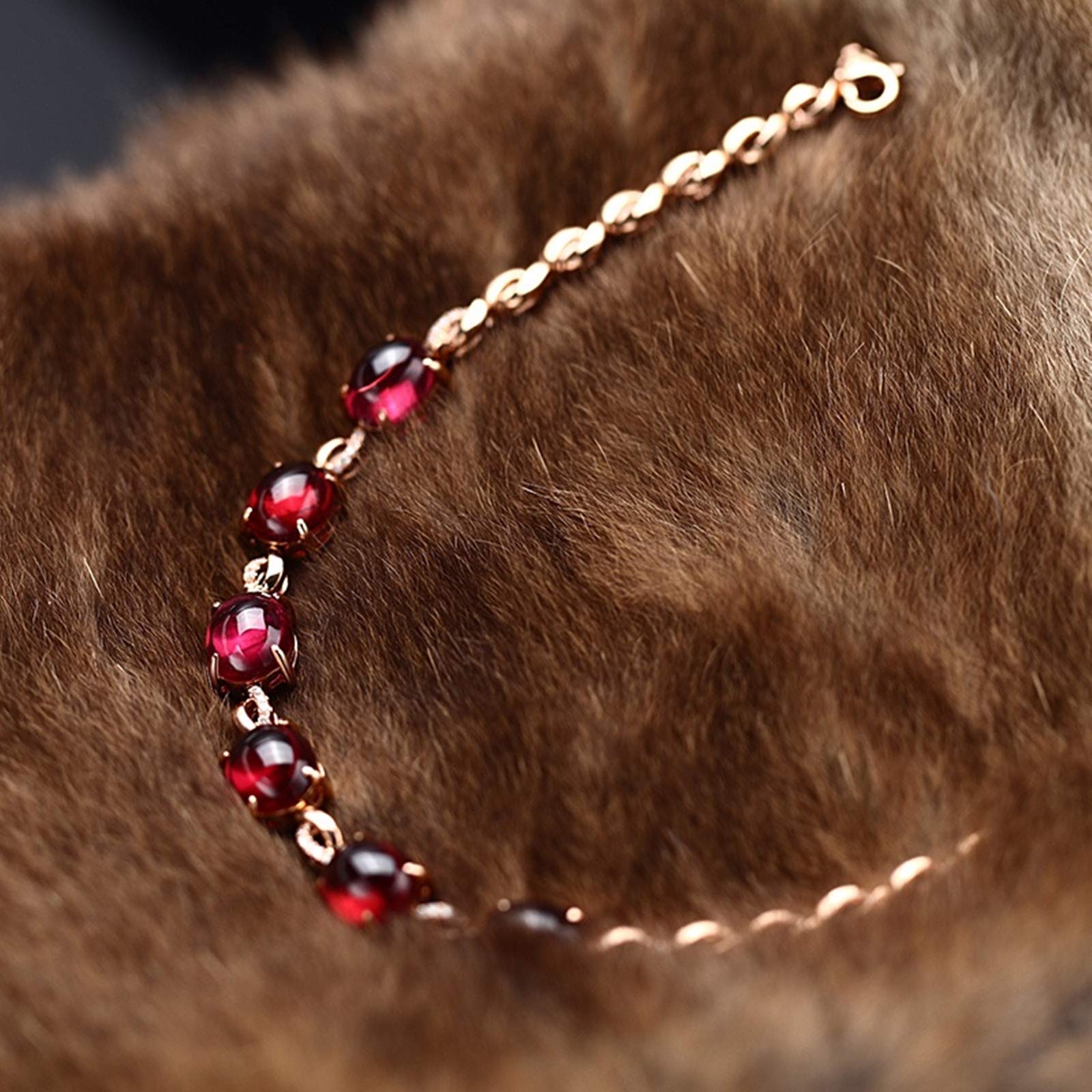 ZH1YFD Pulsera para Mujer Oro Rosa 18K, Eslabón de Barra con Granate Rojo 12.5ct Pulseras en Mujer 16+3CM