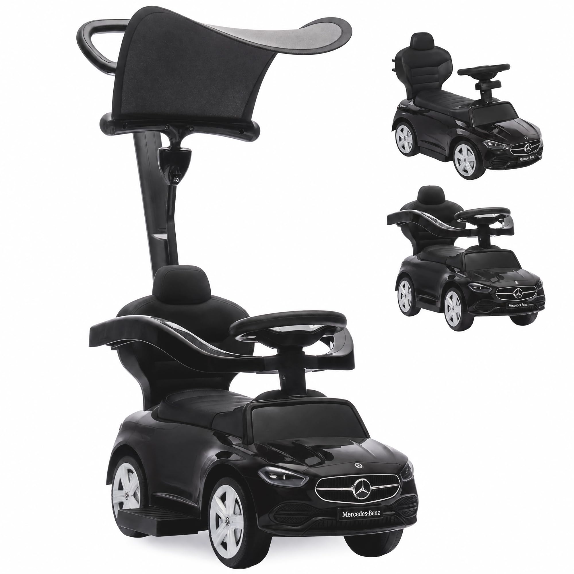 AIYAPLAY jeździk-pchacz 3 w 1 dla dzieci, na licencji Mercedes-Benz, z rączką do pchania, daszkiem, barierkami, klaksonem, muzyką i schowkiem, 12-36 miesięcy, czarny