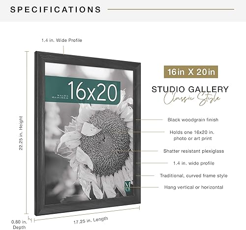 Vista 847 de MCS Studio Gallery Marco para póster de 16 x 24 pulgadas, imitación de veta de madera de color negro, colgar en horizontal o vertical, grande