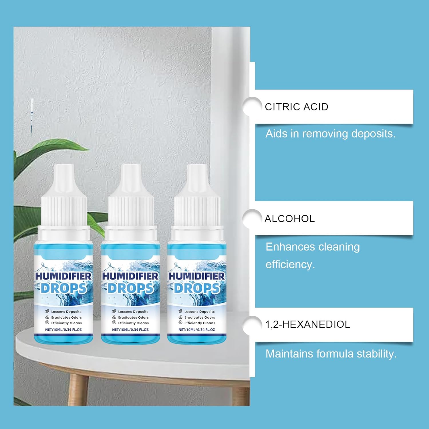 Humidifier Cleaner Drops, Slows Buildup & Scaling, Humidifier Solution for All Makes & Models, Cleans & Deodorizes Water, 3pcs