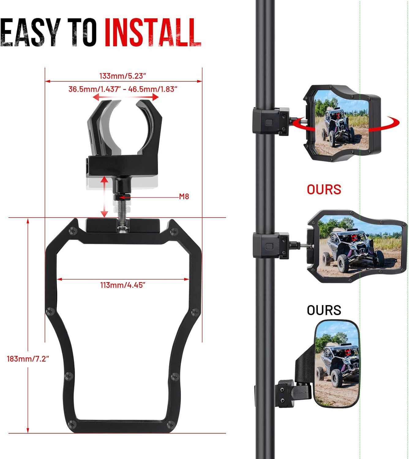 UTV Side Mirrors, Aluminium Alloy Adjustment UTV Rear View Mirrors for 1.75-2 inch Roll bar, Universal Compatible with Polaris RZR, Can-Am Maverick X3, Pioneer, Talon, CFMOTO, Teryx (White)