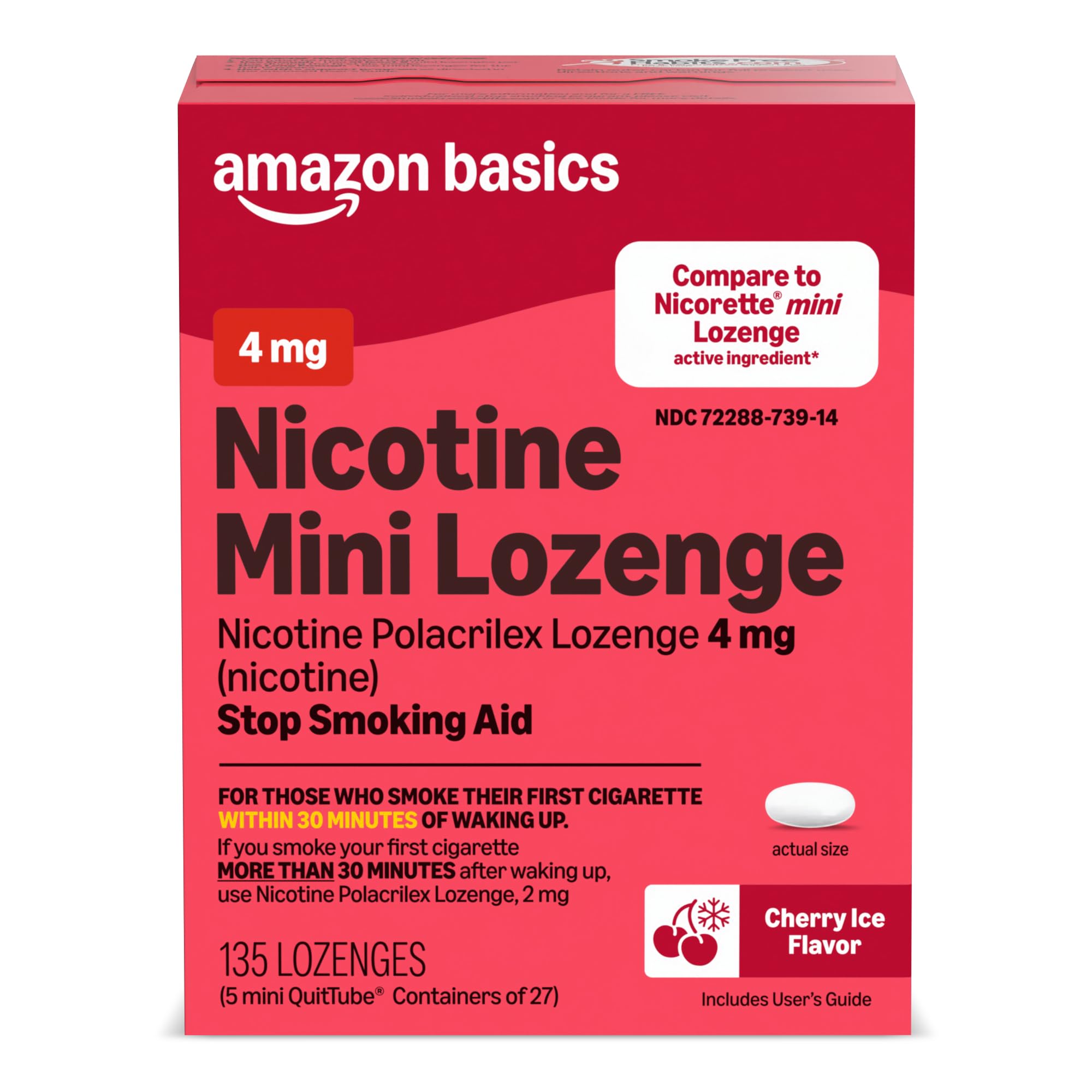 Amazon Basics Mini Nicotine Lozenge 4 mg, Cherry Ice Flavor, Stop Smoking Aid, 135 Count (Previously Amazon Basic Care)