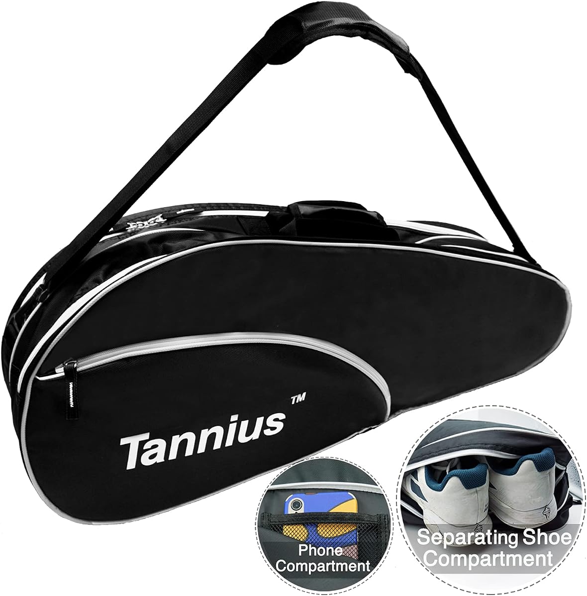 Bolsa para raqueta de tenis (3-5 raquetas), con compartimento para zapatos y teléfono y almohadilla protectora, bolsa para raquetas súper espaciosa y liviana para tenis, bádminton
