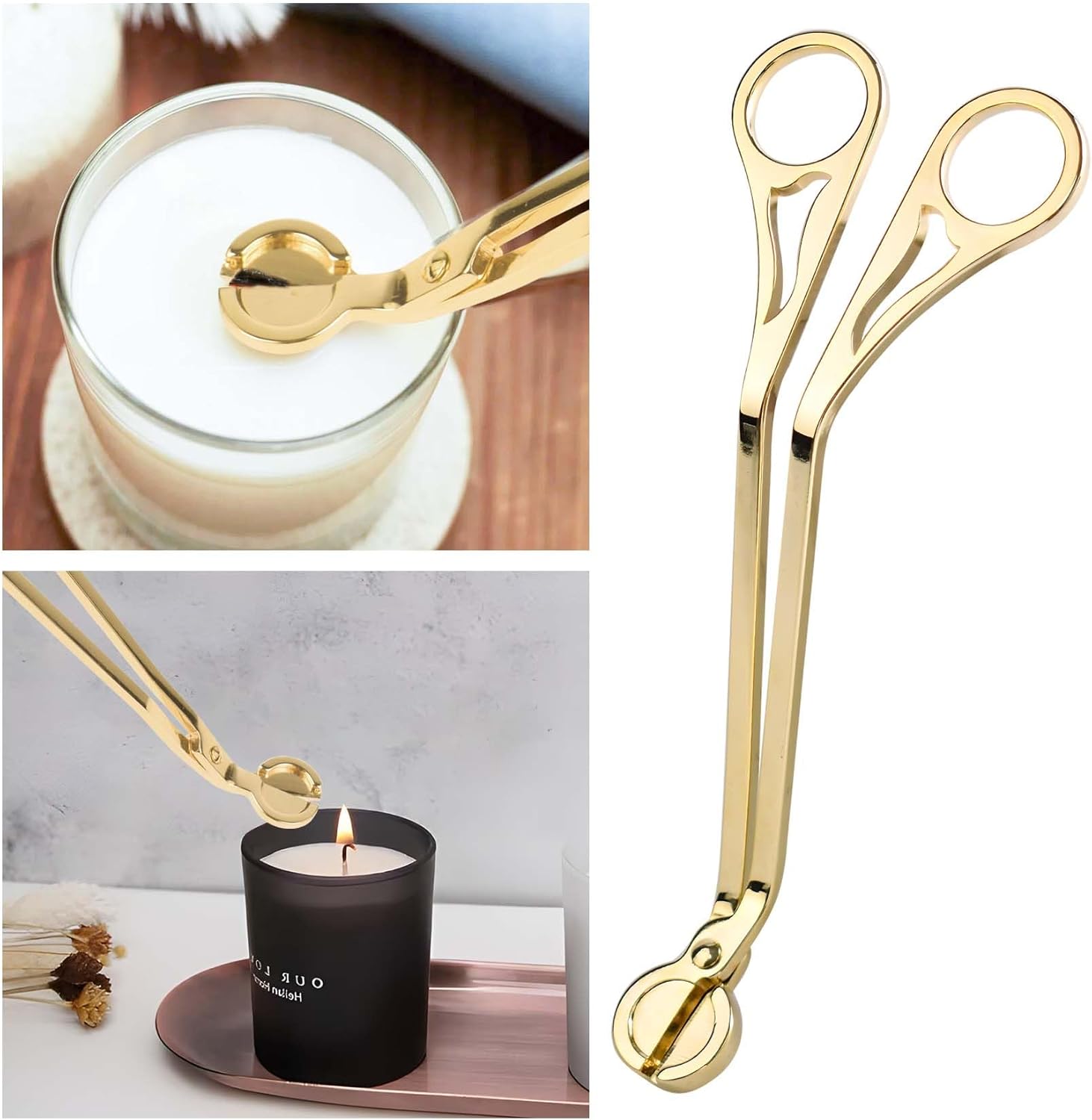 Candle Wick Trimmer, Polished Stainless Steel Candle Scissors, Candle Snuffer, Candle Wick Clipper Openwork Design, Oil Lamp Candle Accessories for Various Occasions (Gold)