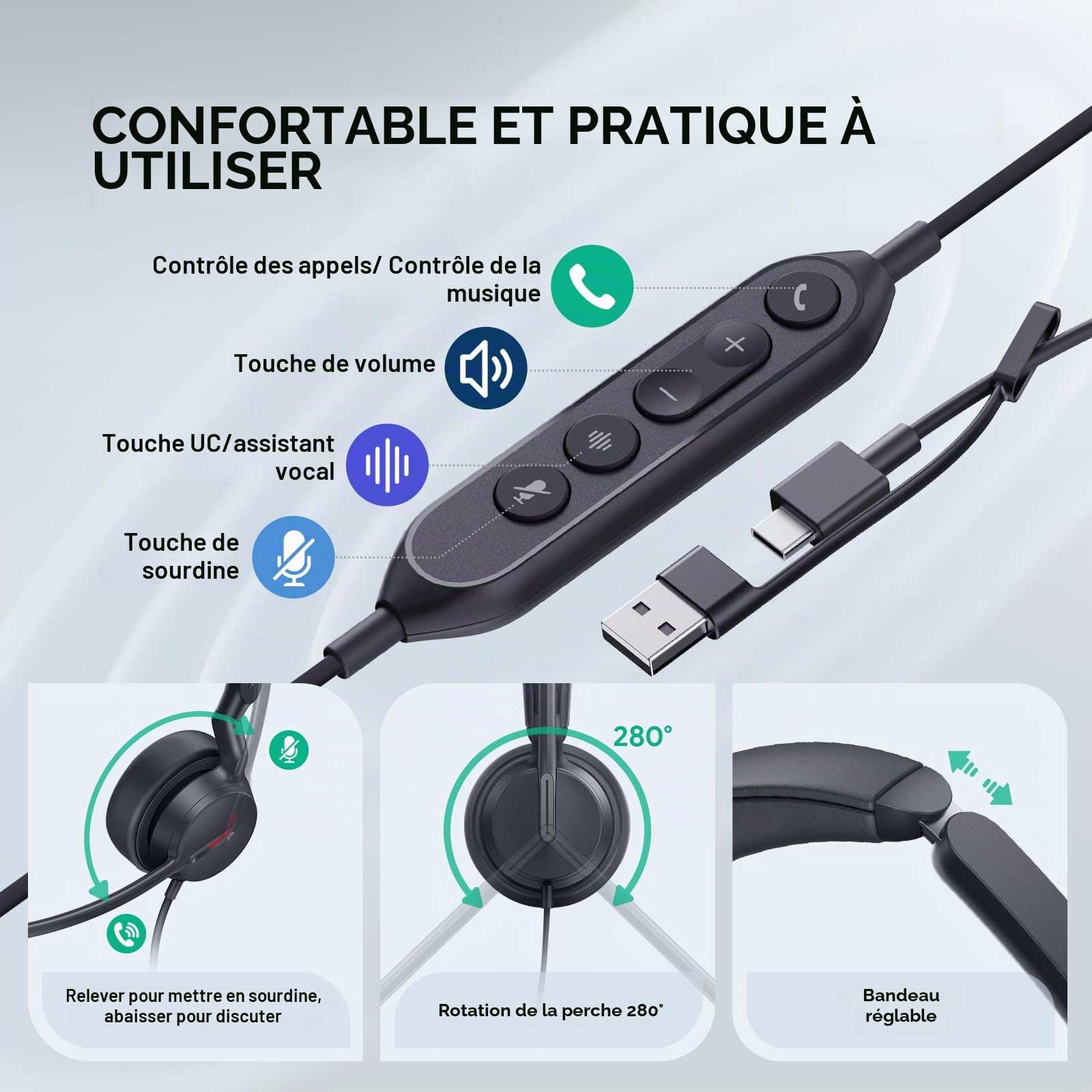 Yealink UH44 Casque PC Filaire Mono USB avec Double Microphone, réduction de Bruit, Adaptateur USB-C/A pour Ordinateur, Centre d'appels, Bureau avec témoin Lumineux d'occupation