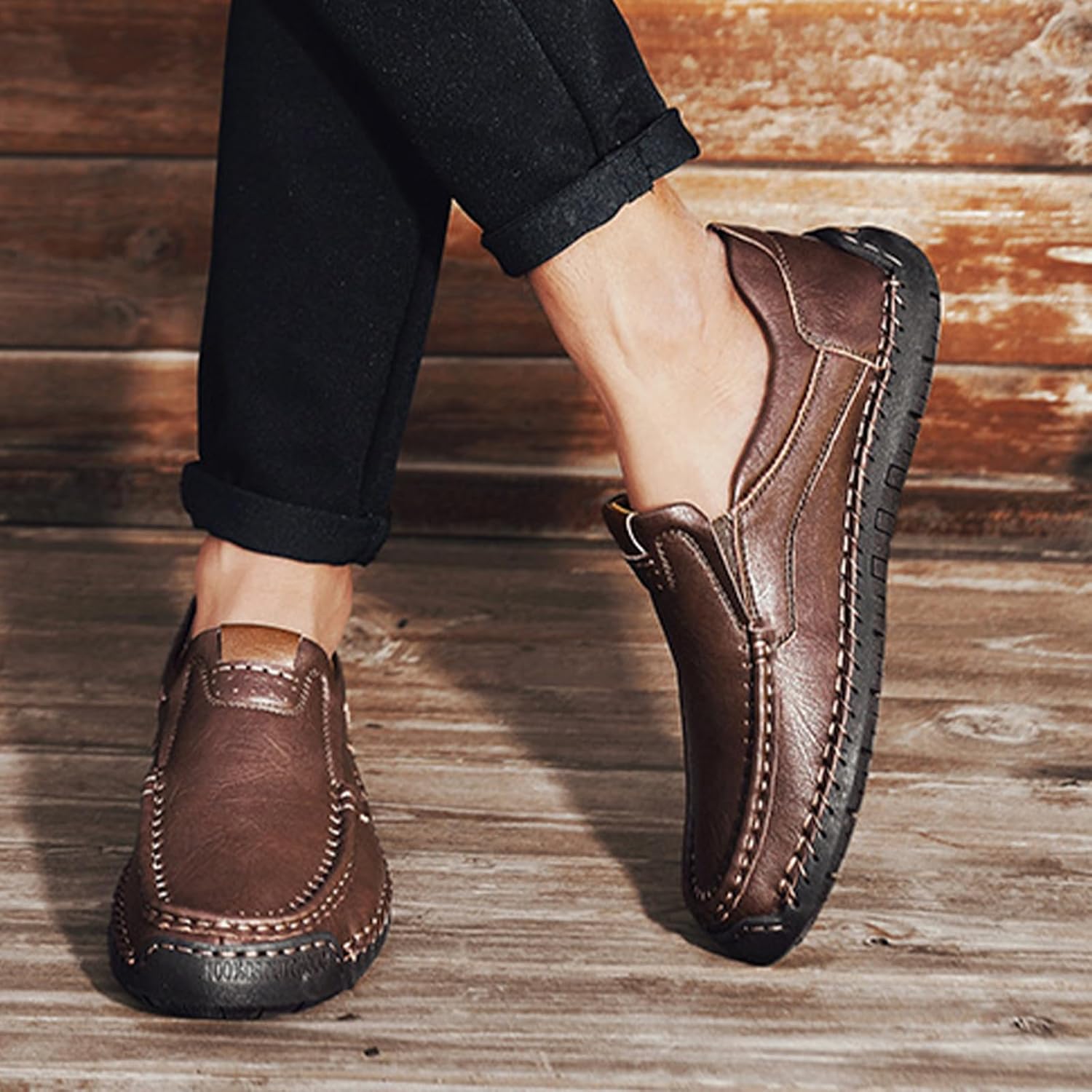 Men's Leather Slip-On Driving Loafers,Vintage Comfortable Hand-Stitching Elastic Non-Slip Dress Casual Walking Shoes - Image 3