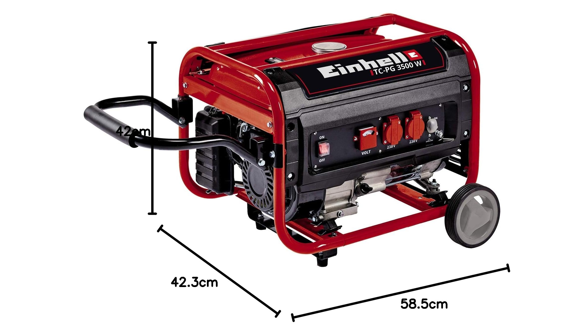Einhell TC-PG 3500 W Generatore di corrente (benzina, motore 4 tempi, max 2.600 W, 2 prese da 230 V, serbatoio 15l, incl. voltmetro, funzione AVR, carrellato)