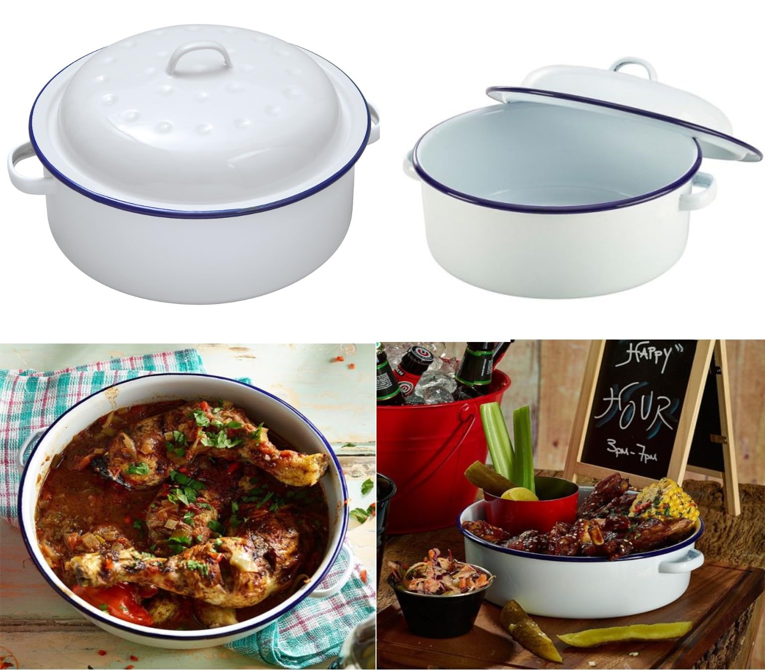 VG® Round Vitreous Enamel Roaster with Lid Oven Safe 27cm Diameter Ideal for Oven to Table use, White with Blue Rim,Self-Basting Ideal for Traditional Roasts Cook Hearty Family Meals Casserole Stew