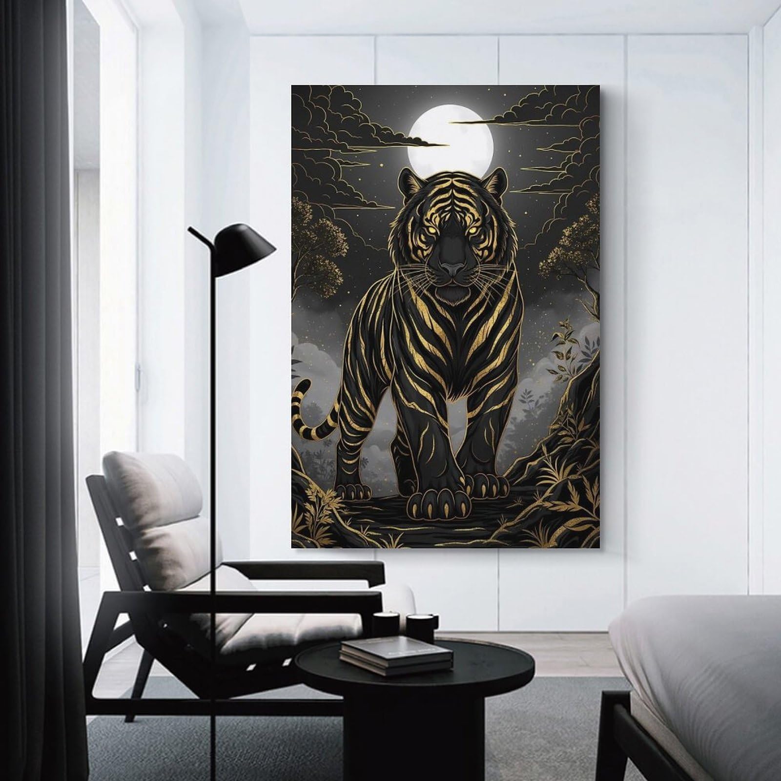 Junmoney Unframe-Style-14 Golden Tiger Under Moonlight Hanging Wall Art, 24X36inch(60X90cm), For Entrance Walls, Hall Decor Or Foyers, Wall Decor To Refresh Empty Corners