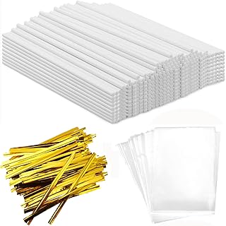 1200PCS Lollipop Cake Pop Treat Bag Set Including 400pcs Parcel Bags, 400pcs Papery Treat Sticks, 400pcs Gold Metallic Twist Ties for Making Lollipops, Cake Pops, Candies, Chocolates and Cookies