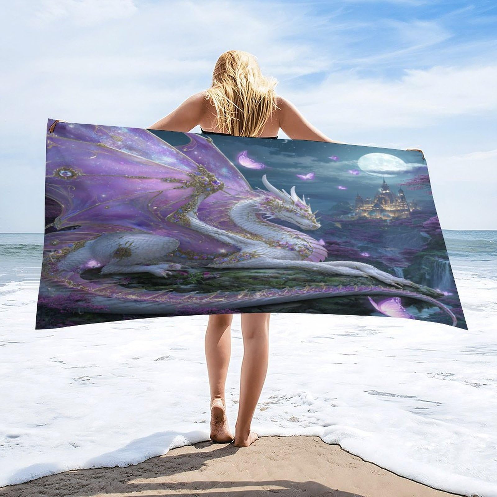 Luyysky Fantasy Realistic Mythical Dragon Absorbent Beach Towel, Retro Watercolor Full Moon Castle Animal Butterfly Plant Flowers Outdoor Single-Sided Velvet Beach Towel-80 W Cm X 160" L Cm