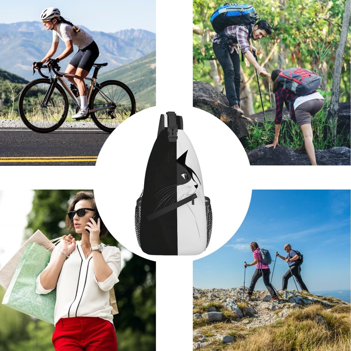 Small Black Dynamic Cool Cat Sling Bag for Women Men Lightweight Chest Bag Crossbody Daypack Anti Theft Shoulder Backpack with Adjustable Shoulder Strap for Outdoors Sports Hiking Travel