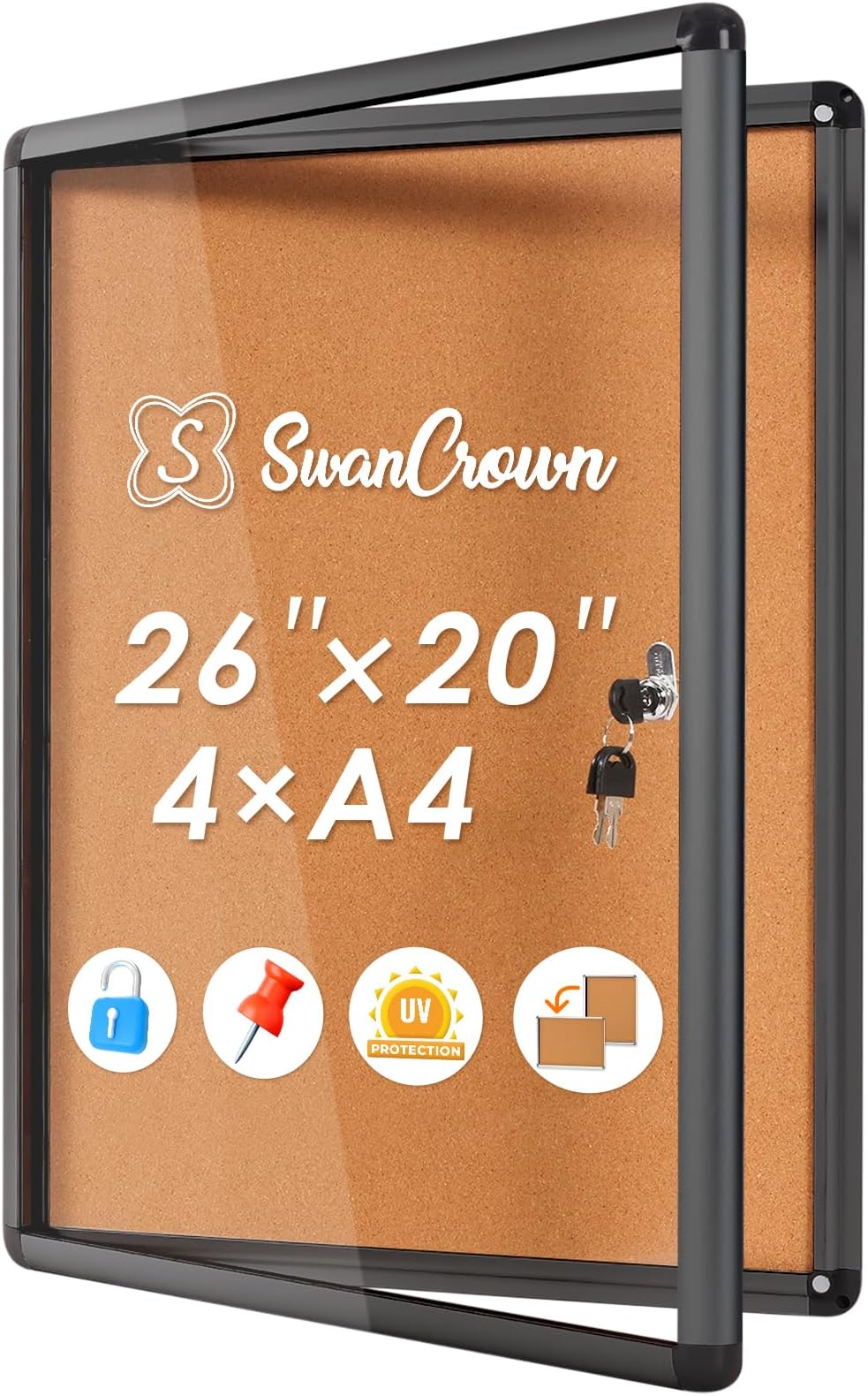 SWANCROWN Lockable Bulletin Board Notice Pin Cork Boards Tamper Proof Message Board for Photos Memos,26x20inch (4xA4)