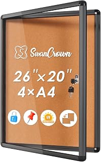 SWANCROWN 26x20 in Enclosed Bulletin Board, Lockable Cork Pin Board 4xA4 | Tamperproof, Shatter Resistant, Wall-mounted, Black Aluminum Frame, Display Board for Office School Community Restaurant