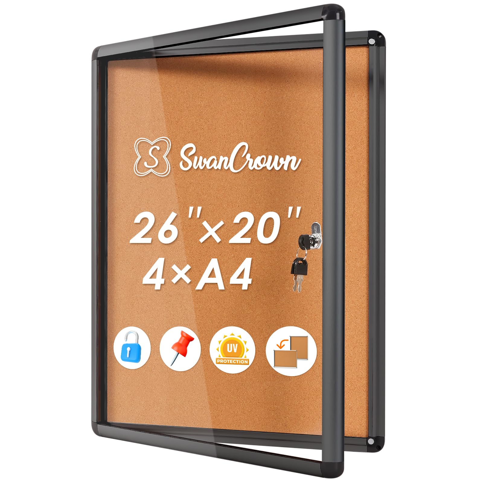 SWANCROWN Lockable Bulletin Board Notice Pin Cork Boards Tamper Proof Message Board for Photos Memos,26x20inch (4xA4)