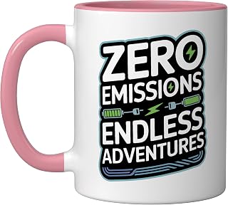 Zero Emissions Endless Adventures Electric Vehicle Ceramic Mug, Pink/White