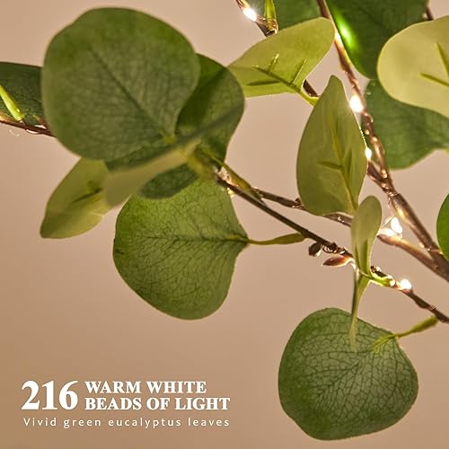 Miniatura 2 de CAMANTU Árbol de eucalipto iluminado, 216 luces LED de 6 pies, árbol de plantas artificiales, árbol de vegetación artificial con luces para