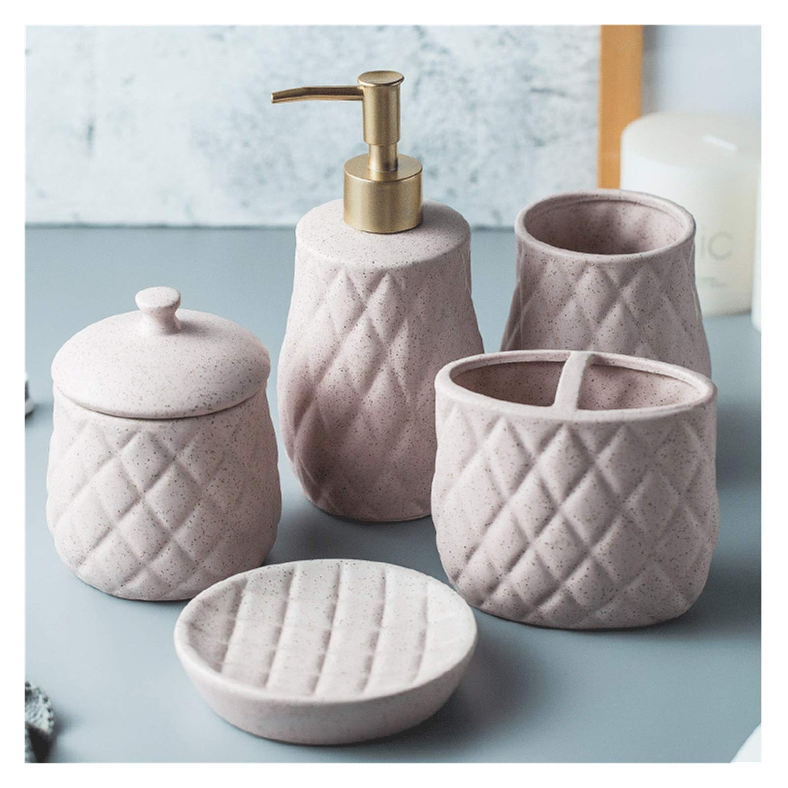 Set di Accessori da Bagno Diamond 5 Pezzi con Dispenser di Sapone, portasapone, portaspazzolino e Bicchieri, Scatola di Cotton fioc, Rosa, Bianco (Colore : Bianca) (Rosa)