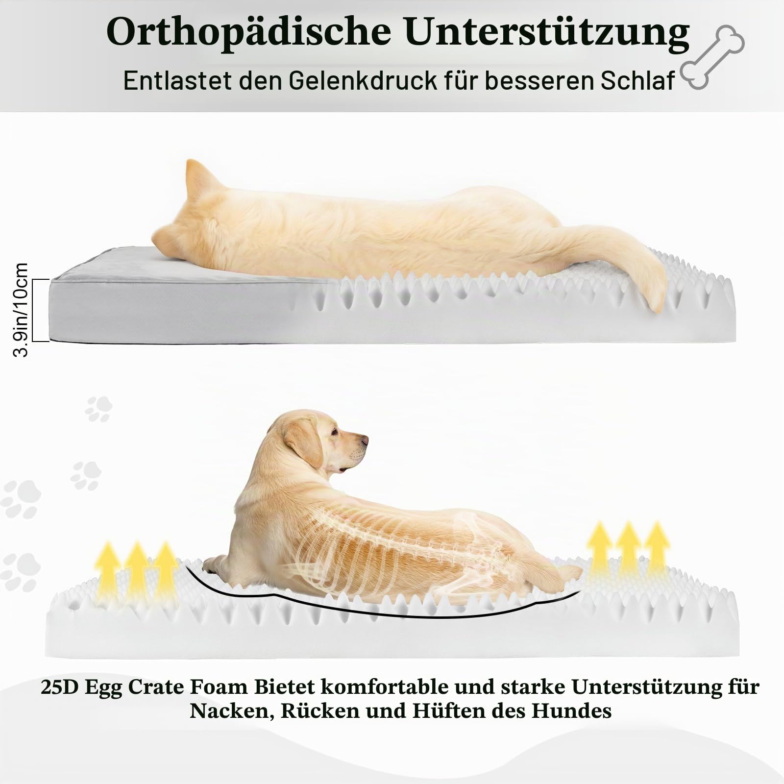 Orthopädisches Hundebett 112x81cm, Große Hundematte mit Abnehmbarem Waschbarem Plüschbezug, Wasserdichtes Hundekissen aus Eierkisten-Schaum, rutschfeste Unterseite für Große Hunde, Grau