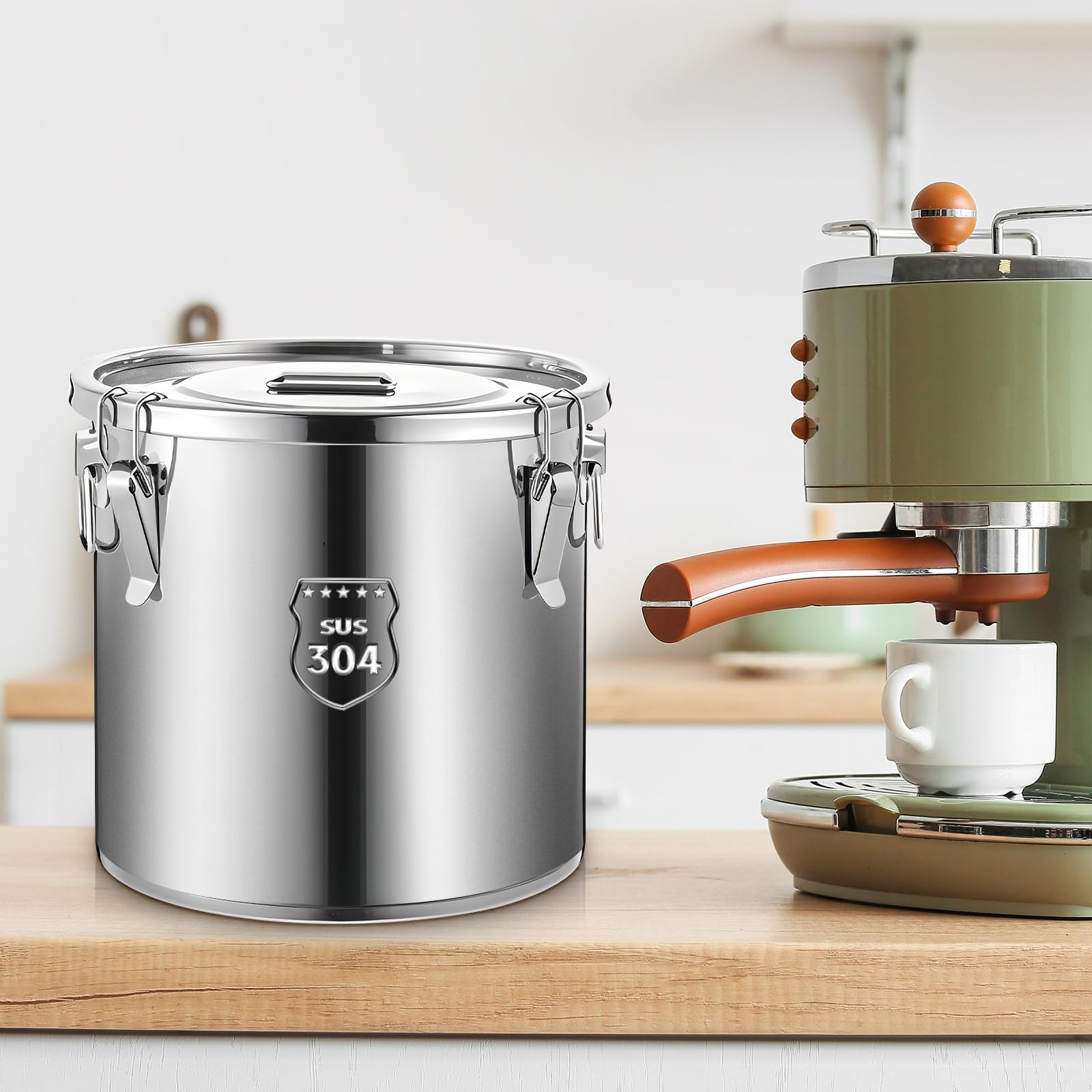 Suclain Luftdichter Behälter aus 304 Edelstahl mit Verriegelungsklemme, versiegelter Metallbehälter für Mehl, Reis, Müsli, Getreide, Kaffeebohnen und Tiernahrung (3er-Pack, 12 l + 21 l + 33 l)