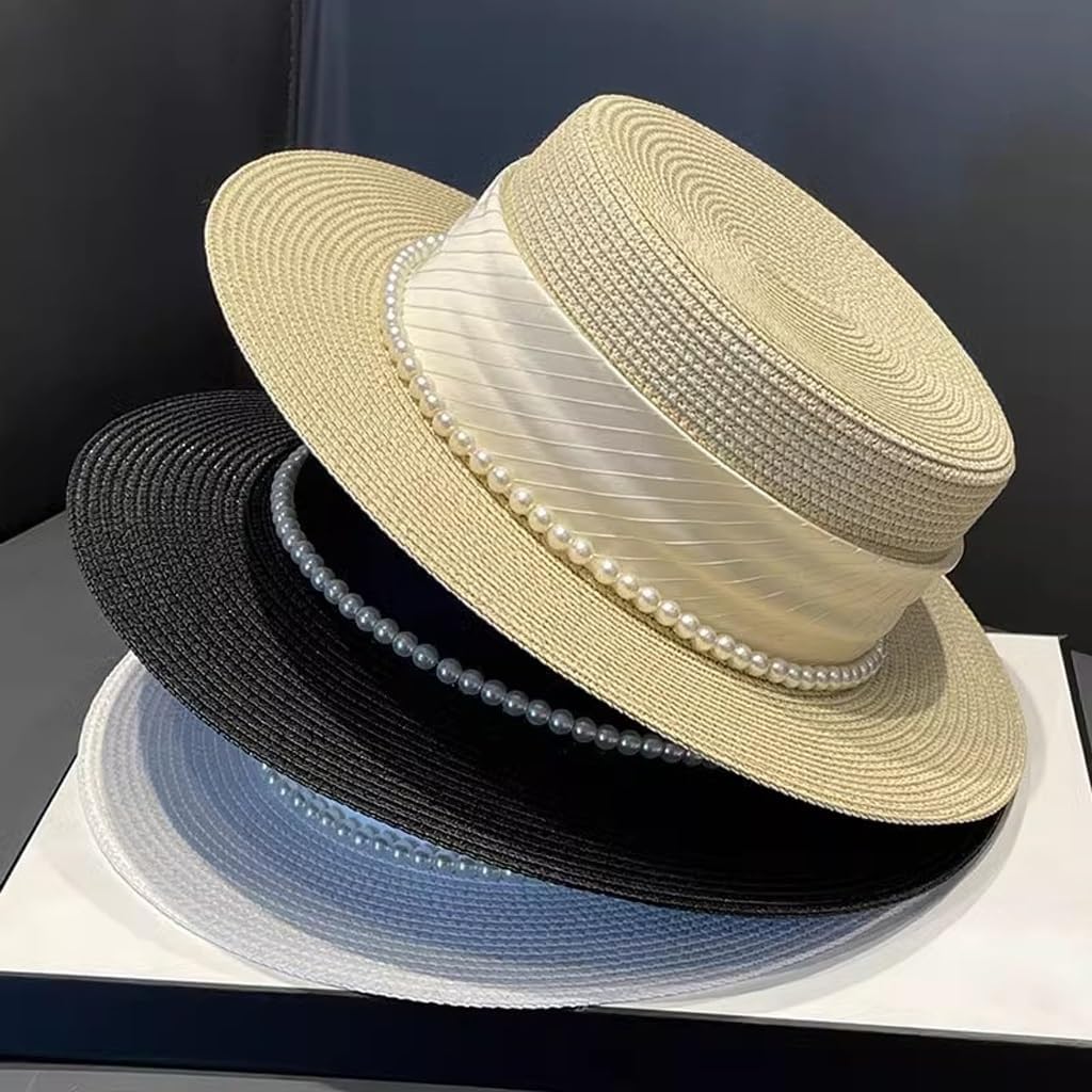 Celebrity Wind Flat Top Hat Elegant Pearl Seaside Sun Protection