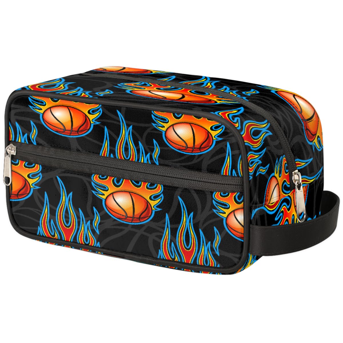 TropicalLife Bolsa de maquillaje de baloncesto para mujeres, hombres, niños, niñas, niños, niñas, niños, bolsa de lavado de baloncesto de fuego, bolsa de aseo de viaje, artículos de tocador, organizador de