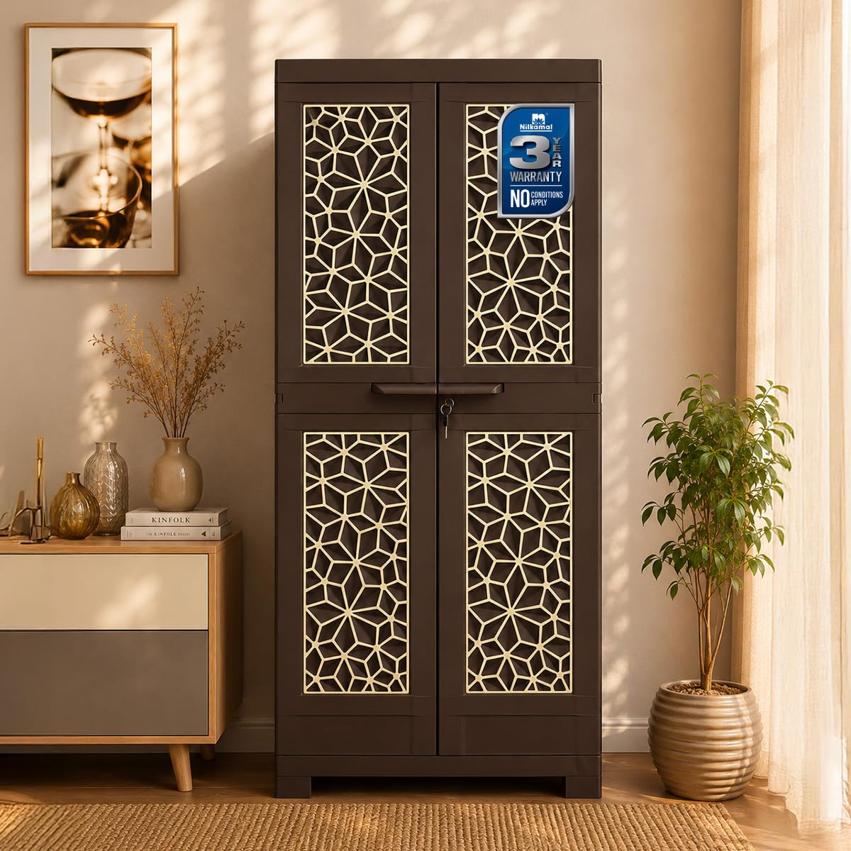 Nilkamal Freedom Big FMM Plastic Cabinet | 3-Year Warranty | 4-Shelf Storage Cupboard with Doors | Multi Organizer for Home, Wardrobe | Clothes Rack, Shelves, Almirah (Weathered Brown & Biscuit)