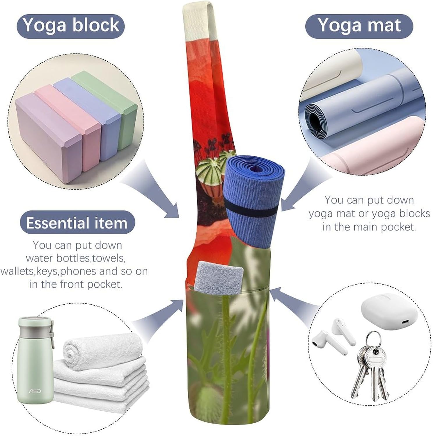 Yoga Mat Carrying Bag,Poppy Flower Printed Women's Yoga Bag with Multi-Functional Storage Pockets,Large Yoga Mat Bag Fits Most Size Yoga Mats