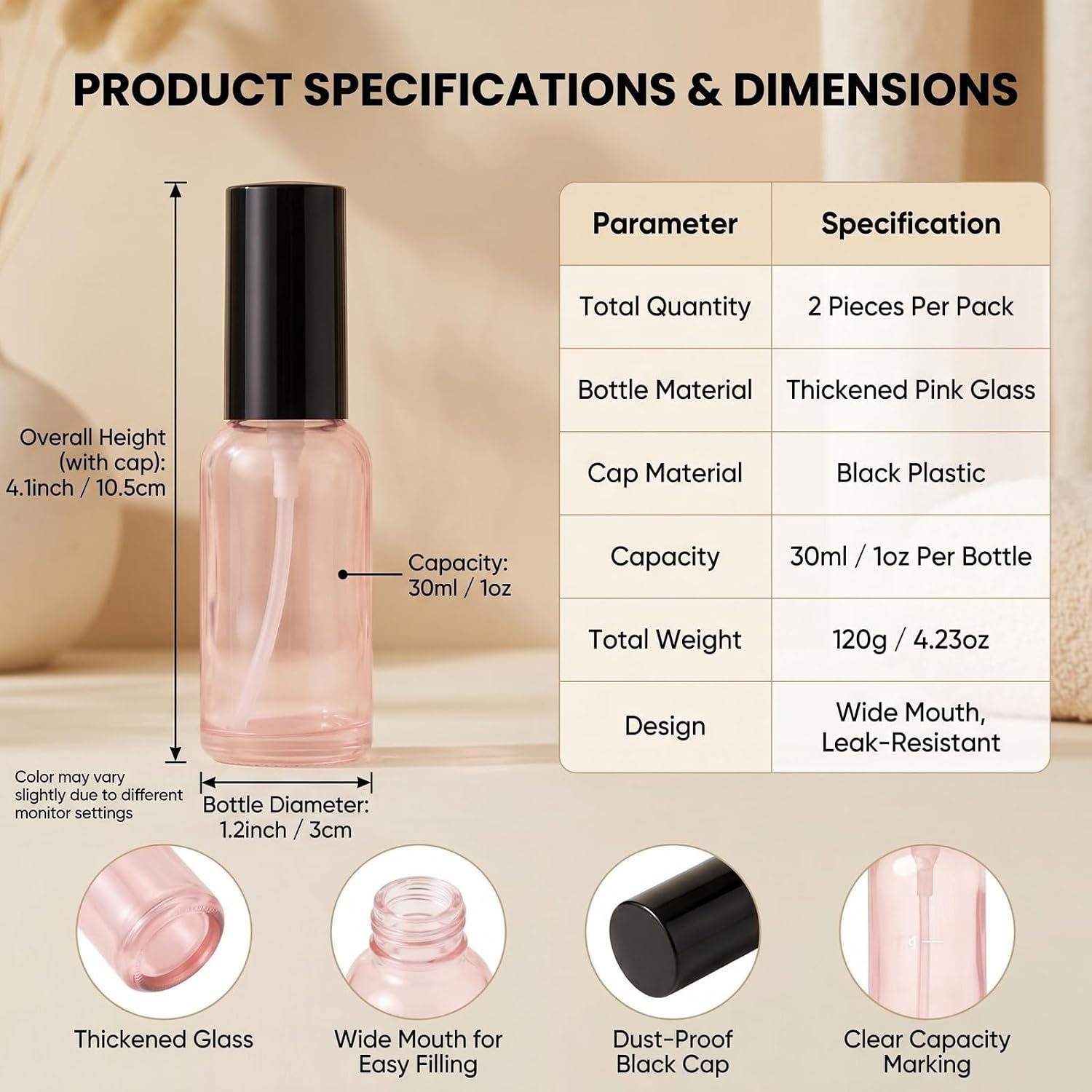2PCS 1oz 30ML BPA Free Pink Glass Empty Portable Pump Lotion Bottles Press Jars Pot Container For Makeup Skin Care Foundations Cosmetic Serums Cream Liquid Essential Oils image 2