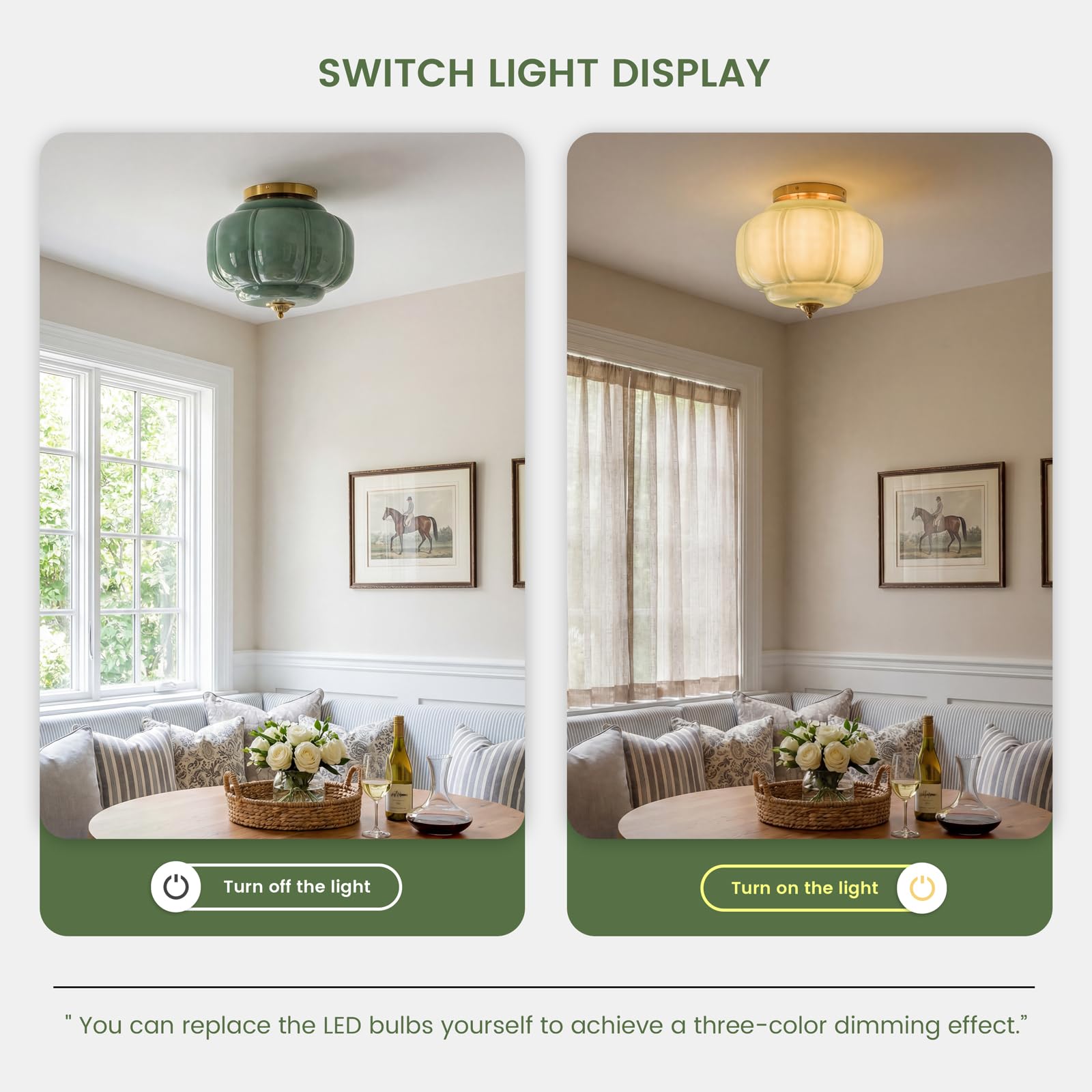 Milk Glass Ceiling Light Fixture - Farmhouse Antique Brass Semi Flush Mount Ceiling Light for Kitchen, Hallway, and Bedroom (Green 15 inch) — view 7
