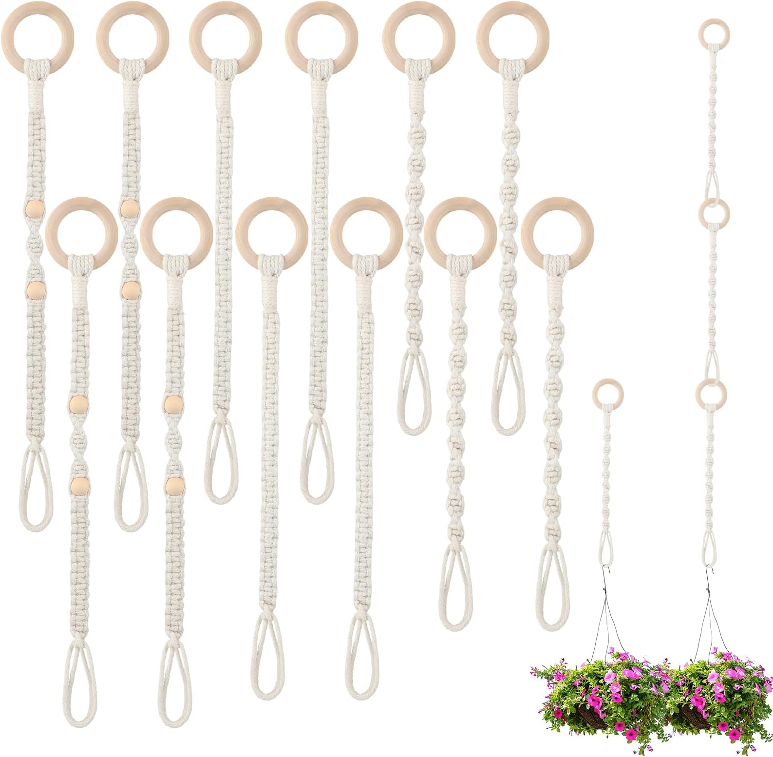 Windyun 12 Pack Connectable Macrame Extender for Hanging Plants Adjustable Plant Hanger Extenders Handmade Woven Rope Hanging Plant Basket Extender with Wooden Ring for Indoor Outdoor Plant Pot Holder