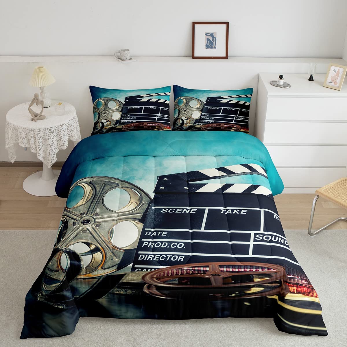 Set di biancheria da letto a tema cinema vintage ragazzi ragazze film prop modello piumino piumino cinema poster design inserto piumino/trapunta decor blu copriletto collezione 3 pezzi 230x220cm
