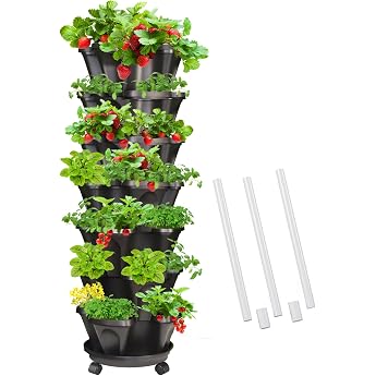 Vertical Planters Strawberry 7-Tier Stacking Tower Garden with Support Pole Stackable Herb Vegetable Planters for Indoor Outdoor Black