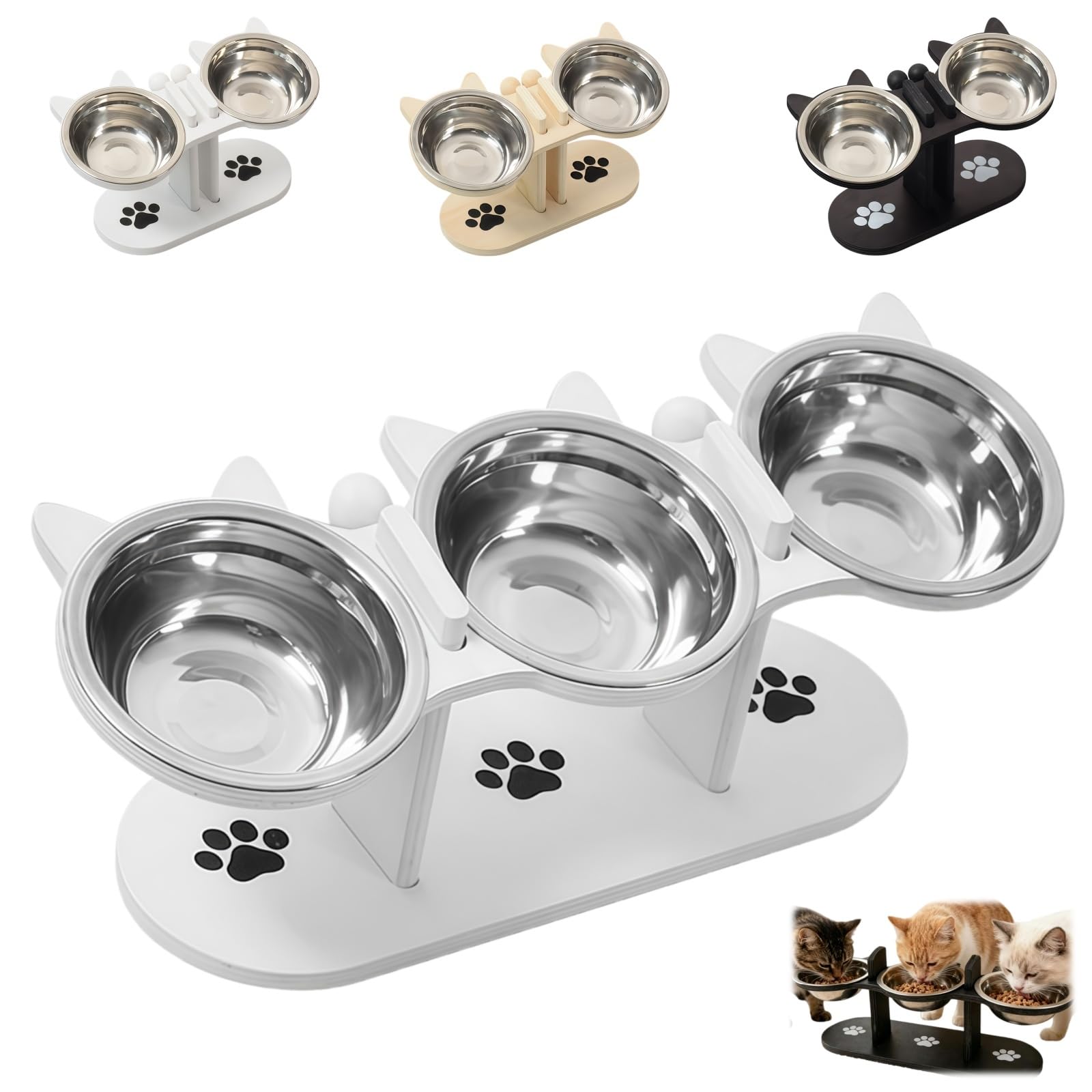 Anti-Slip Elevated 3-Bowl Pet Feeder, Elevated Feeding Station with Wooden Stand, Stainless Steel Cat Feeding Station, Cat Bowls with Stand Tilted for Food & Water (3White)