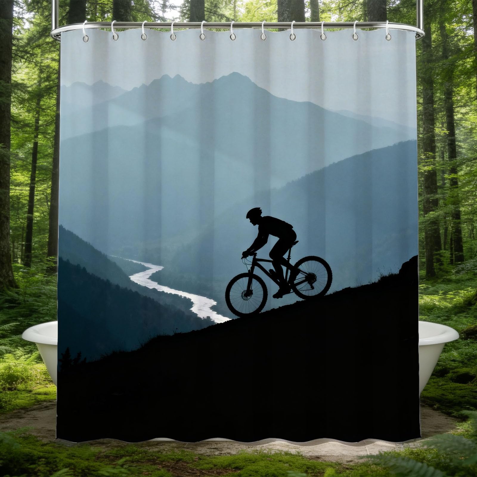 Hongduo 3D Mountain Bike Shower Curtain for Stalls Bathtubs Cartoon Bathroom Decor Shower Curtain Set Polyester Fabric Waterproof 180x200cm/71X79 Inch with Hooks