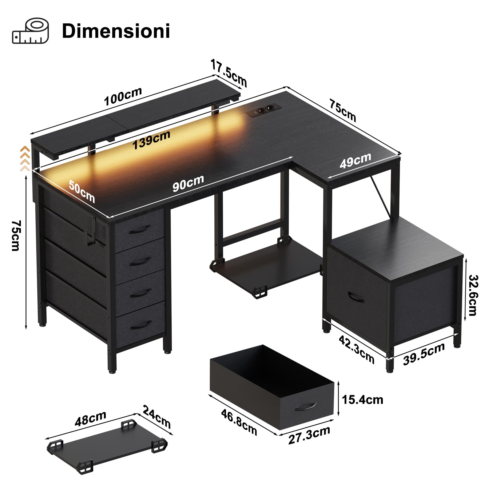 JUMMICO Scrivania angolare con mobile, scrivania reversibile a forma di L, con presa di corrente e porte USB, luci LED e ganci, scrivania da gioco ideale per casa e ufficio, 139 x 120 cm, nero