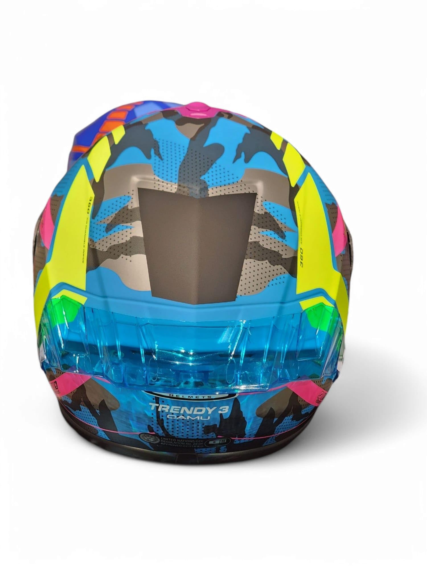 Casco Moto NZI Trendy 3 Stream Camo Azul Rosa amarjllo Fluor - Casco de Moto Integral con Pantalla Oscura + Transparente + Spoiler ECE 22.06 - Unisex Hombre y Mujer (L)
